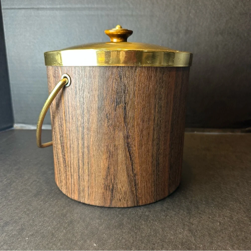 Vintage MCM Ice Bucket Faux Wood Grain Vinyl w/Lid Mid Century Barware 70s USA